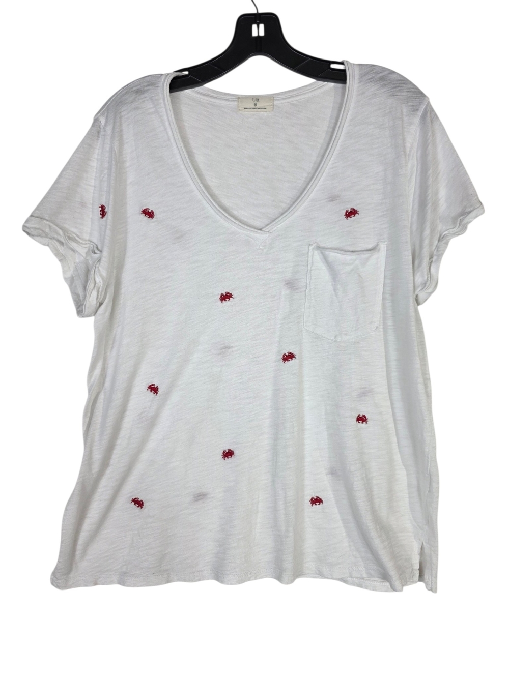 Anthropologie T.LA White V‑Neck Short Sleeve Tee with Red Crab Embroidery